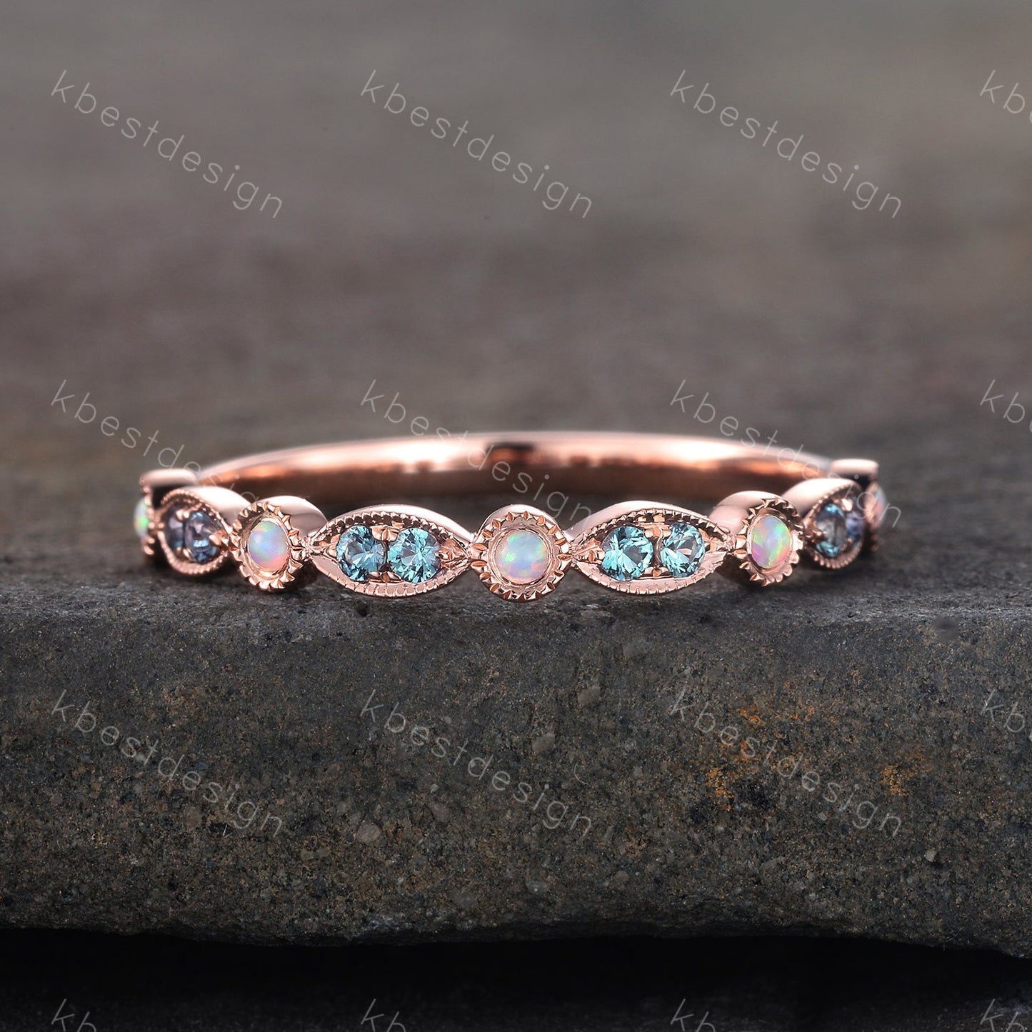 Alexandrite Opal Wedding Band, Half Eternity Wedding Band, Art Deco Stacking Band, Opal Wedding Ring, Alexandrite Ring, Anniversary Gift