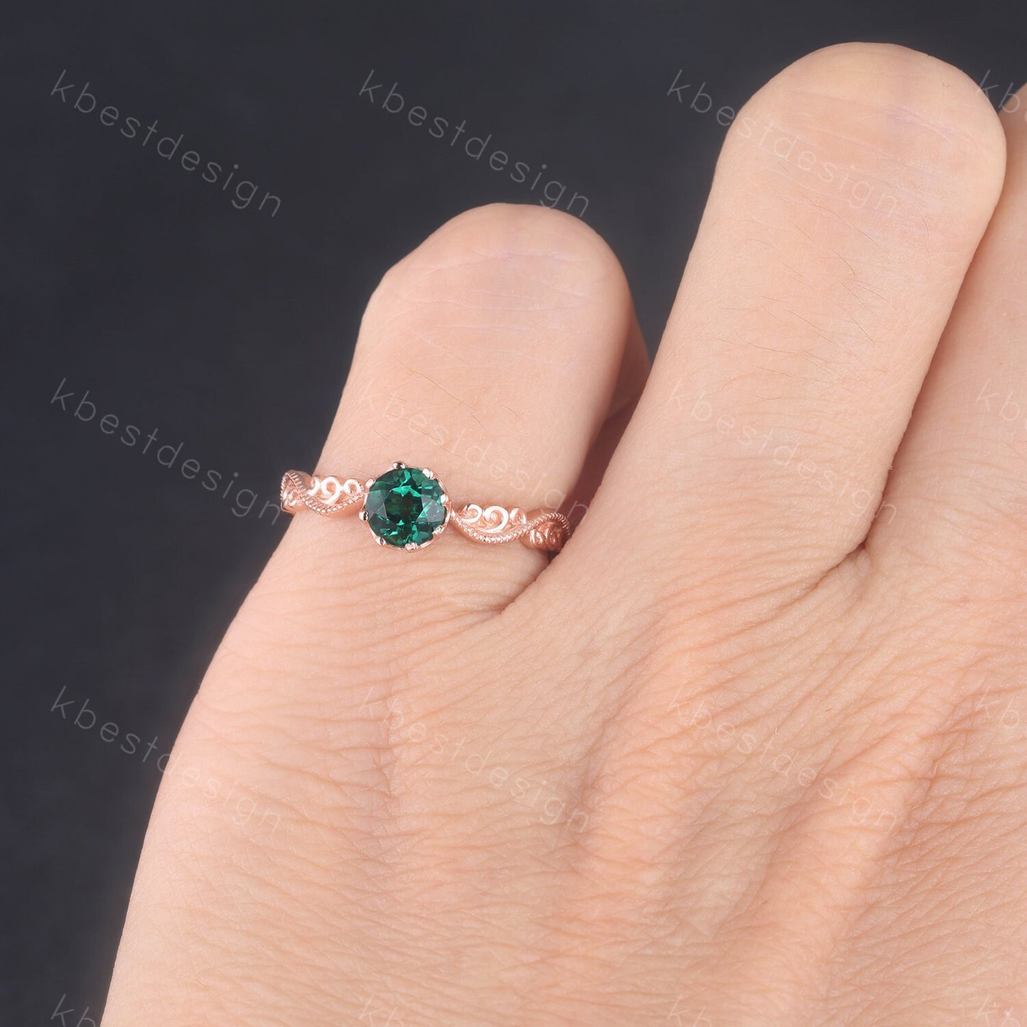 Emerald Ring, Vintage Round cut Emerald Engagement Ring, May Birthstone Ring, Rose Gold Emerald Ring, Art Deco Filigree Wedding Band