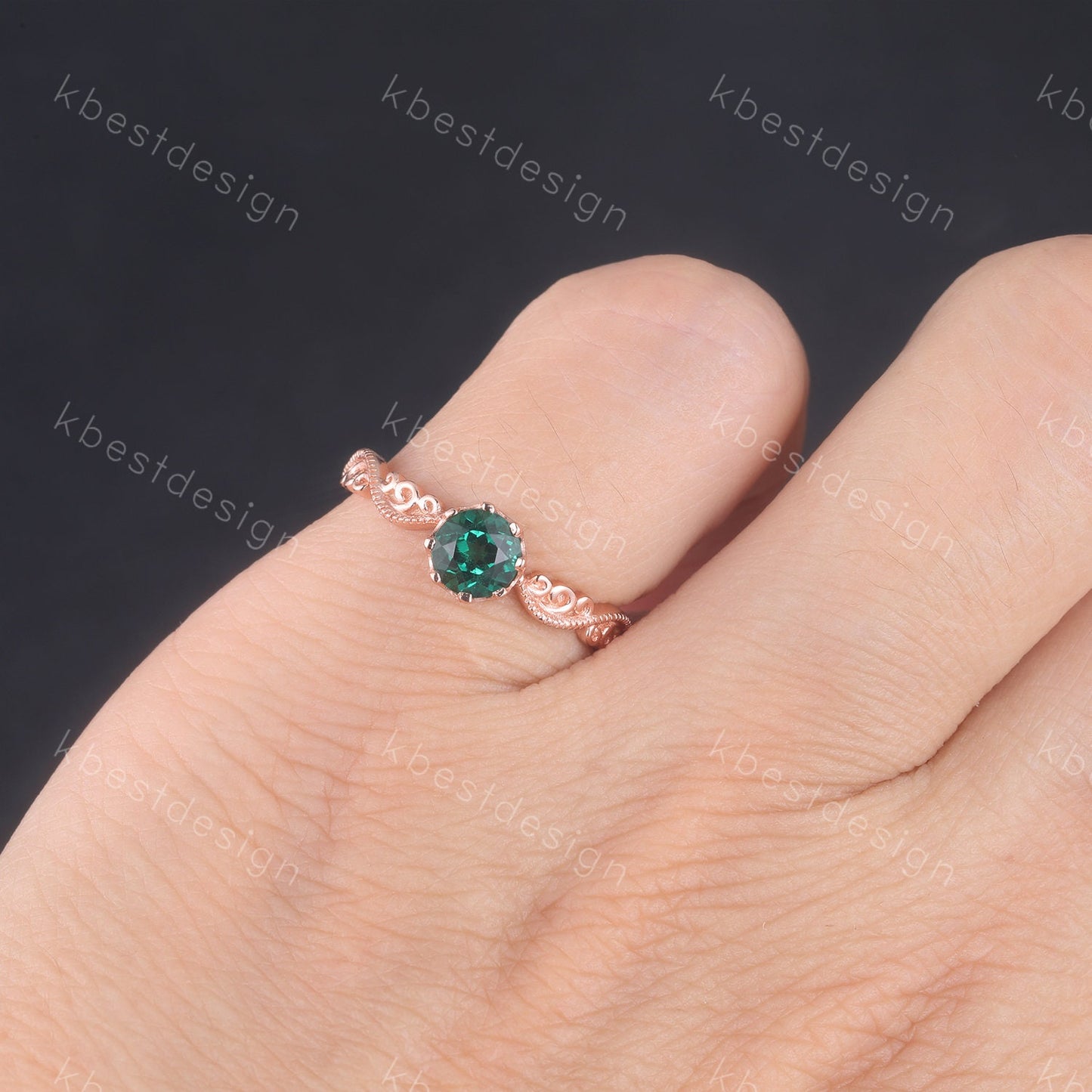 Emerald Ring, Vintage Round cut Emerald Engagement Ring, May Birthstone Ring, Rose Gold Emerald Ring, Art Deco Filigree Wedding Band