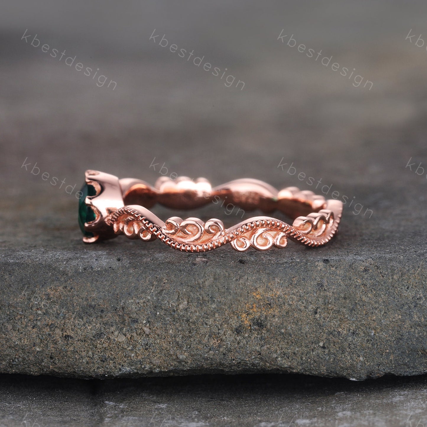 Emerald Ring, Vintage Round cut Emerald Engagement Ring, May Birthstone Ring, Rose Gold Emerald Ring, Art Deco Filigree Wedding Band