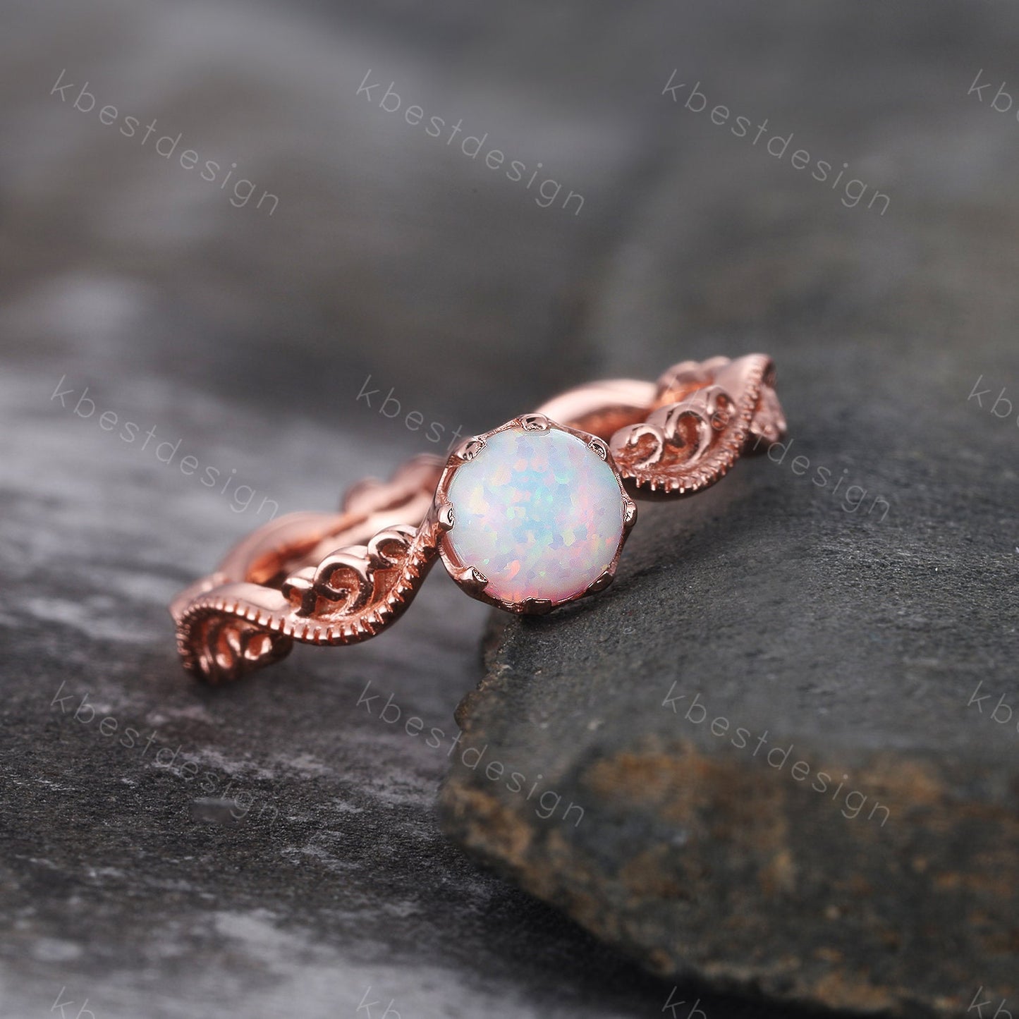 Opal Ring, Vintage Opal Engagement Ring, Round cut White Opal Ring, Rose Gold Opal Ring, Dainty Ring, October Birthstone, Promise Gift