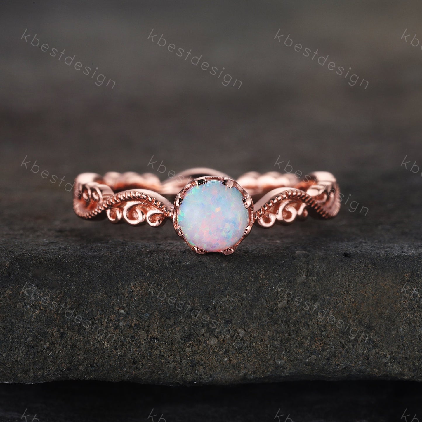 Opal Ring, Vintage Opal Engagement Ring, Round cut White Opal Ring, Rose Gold Opal Ring, Dainty Ring, October Birthstone, Promise Gift