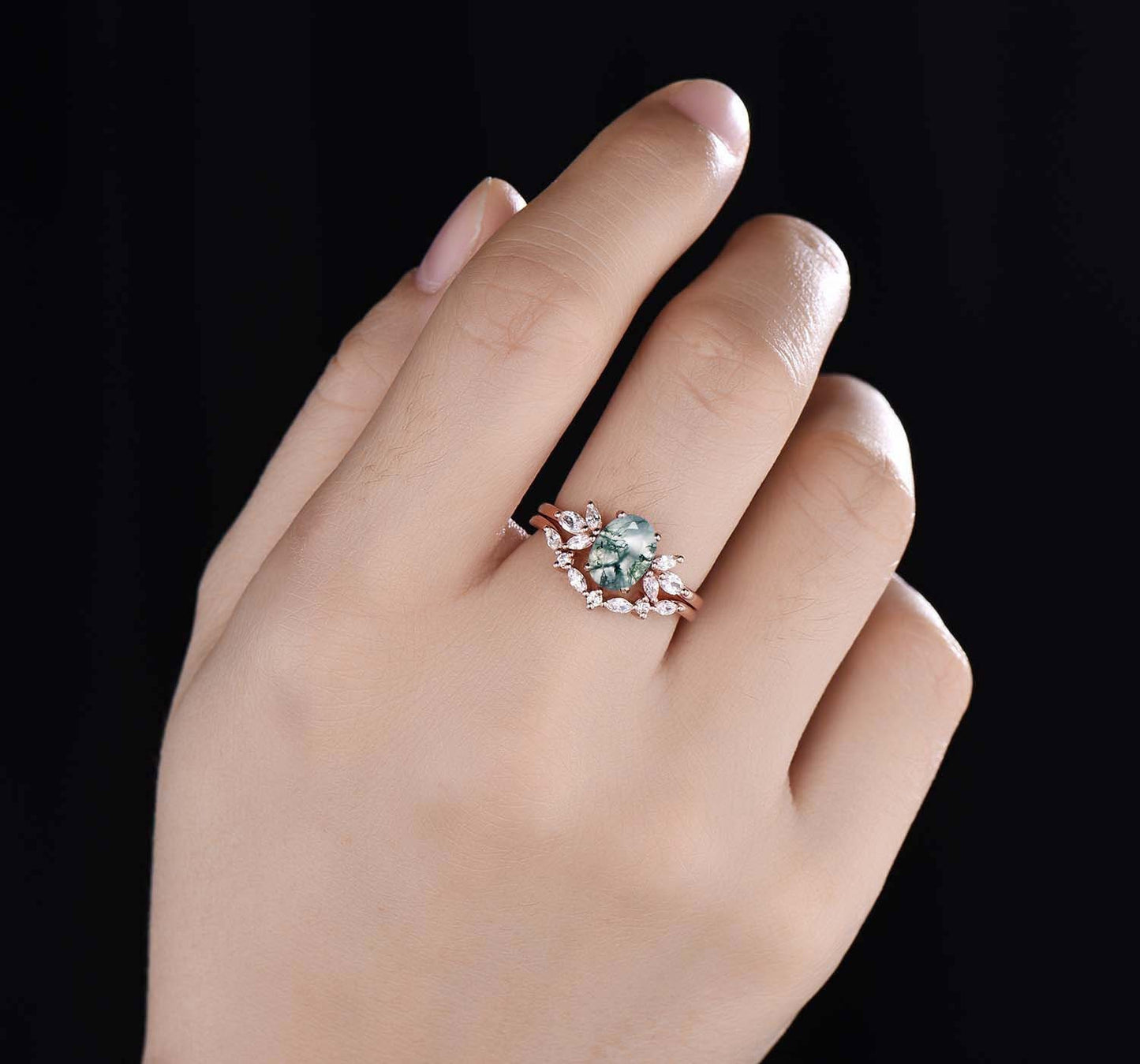Moss Agate Engagement Ring,Women Stacking Matching Band Diamond/Moissanite Eternity Ring,14k Gold,Unique Vintage Floral Design Promise Gift