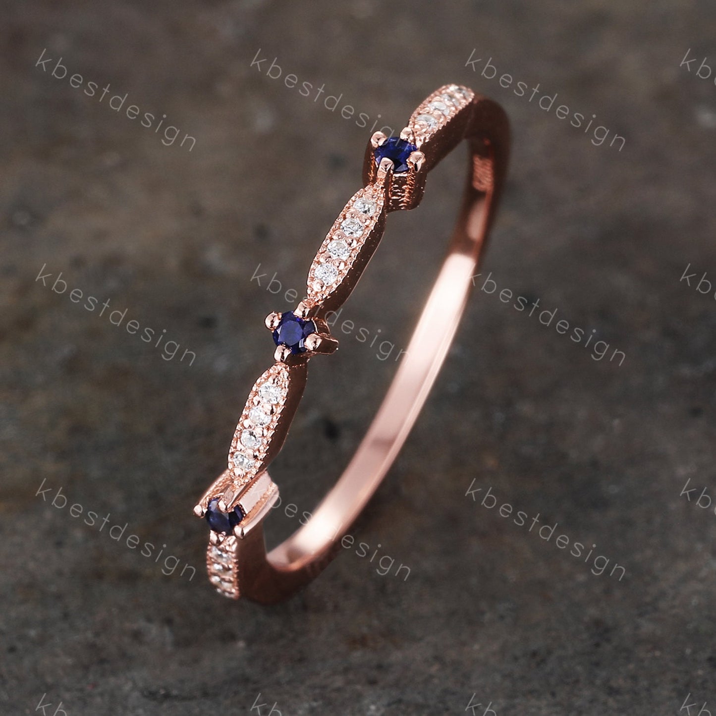 Dainty Sapphire Wedding Band Art Deco CZ Cubic Zirconia Minimalist Band Rose Gold Ring for Women Half Eternity Wedding Band Gift for Her