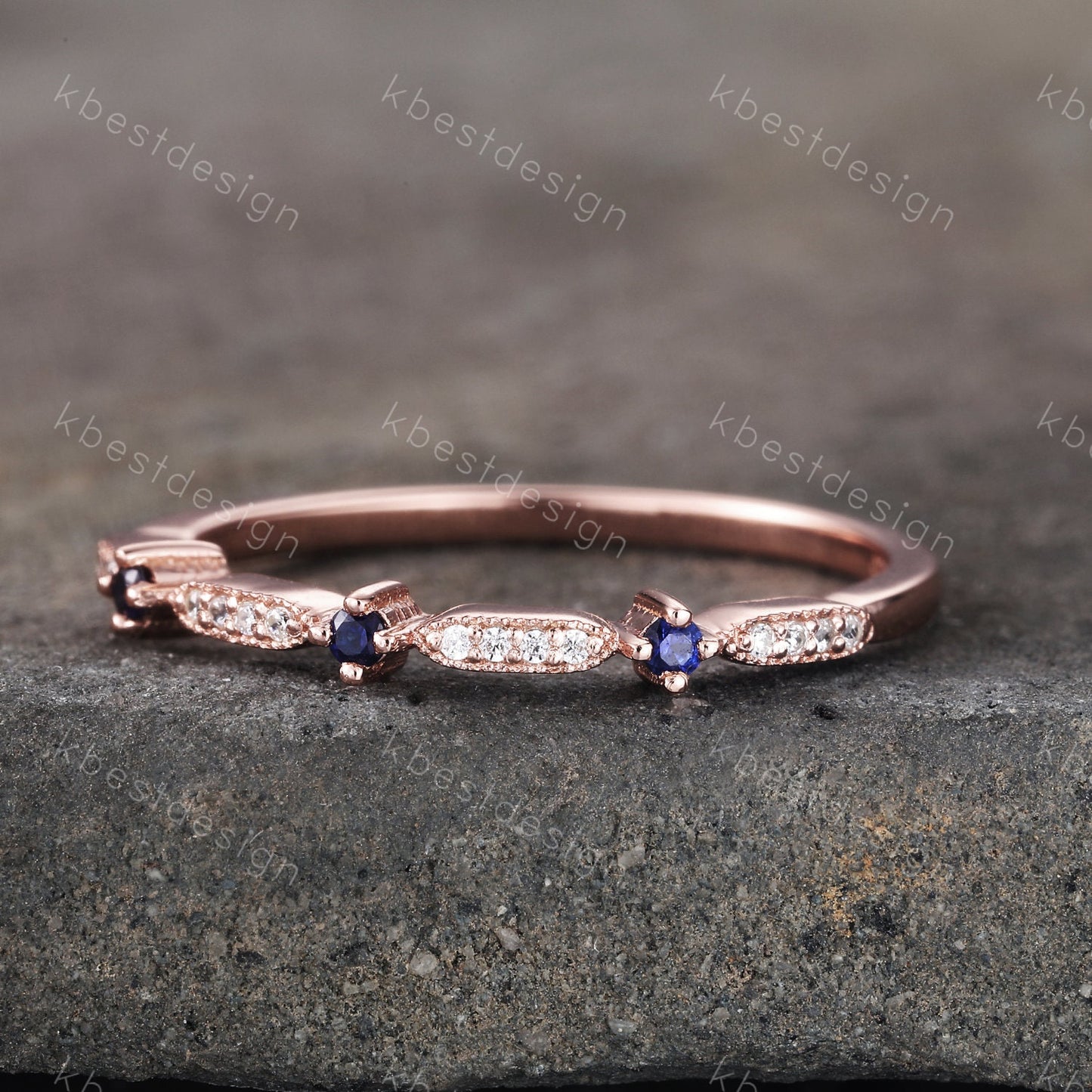 Dainty Sapphire Wedding Band Art Deco CZ Cubic Zirconia Minimalist Band Rose Gold Ring for Women Half Eternity Wedding Band Gift for Her