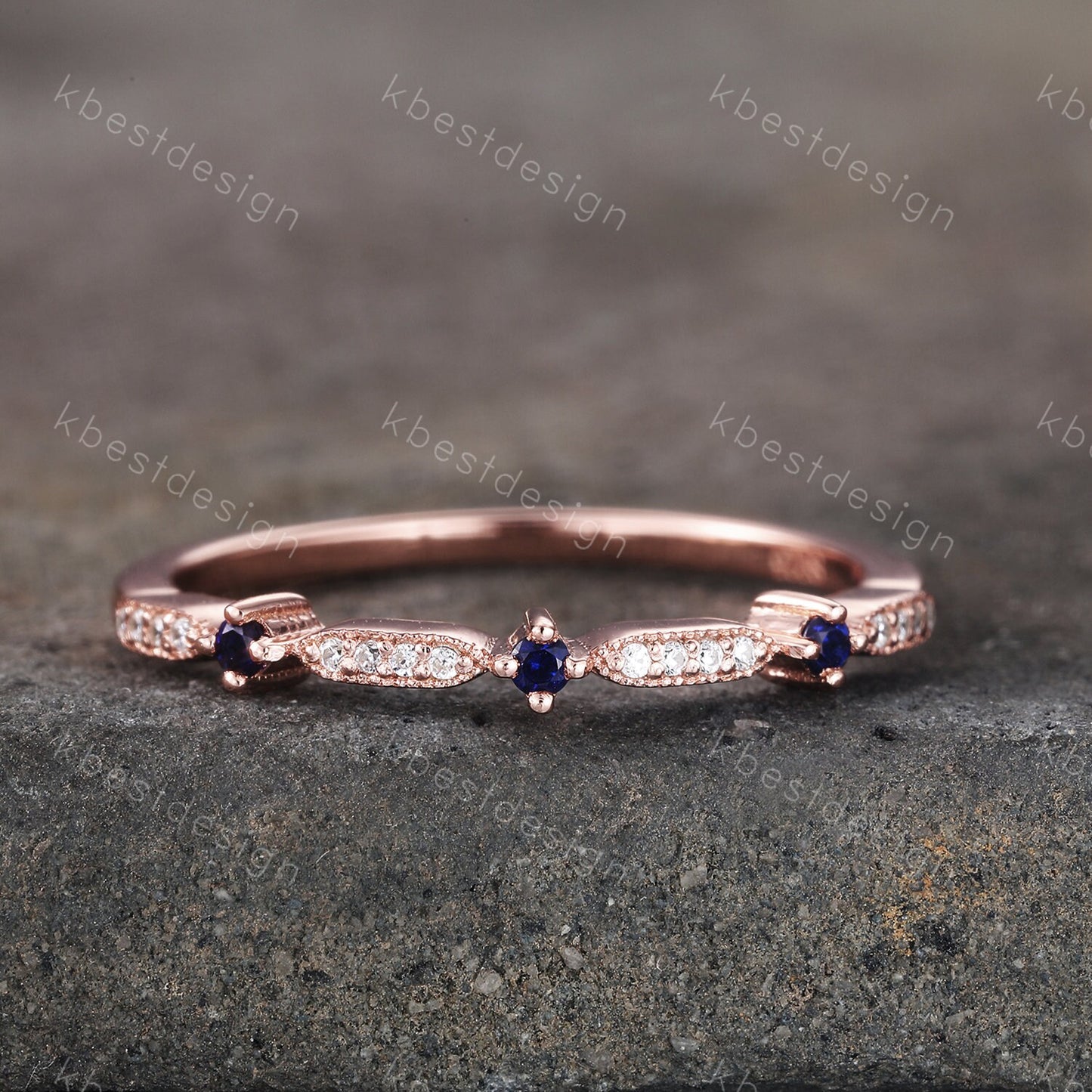 Dainty Sapphire Wedding Band Art Deco CZ Cubic Zirconia Minimalist Band Rose Gold Ring for Women Half Eternity Wedding Band Gift for Her