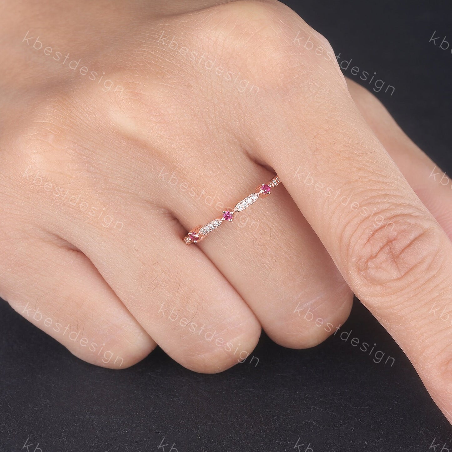 Delicate Ruby Wedding Band Ruby & CZ Diamond Wedding Band Half Eternity Matching Band Stackable Eternity Bridal Wedding Anniversary Ring