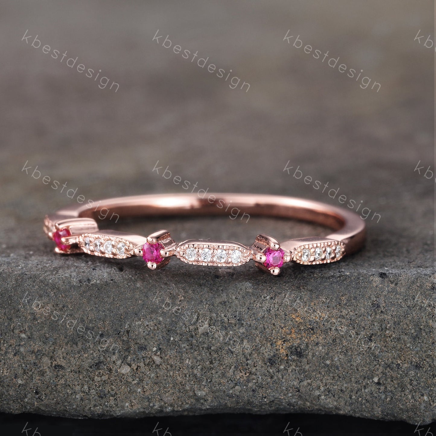 Delicate Ruby Wedding Band Ruby & CZ Diamond Wedding Band Half Eternity Matching Band Stackable Eternity Bridal Wedding Anniversary Ring