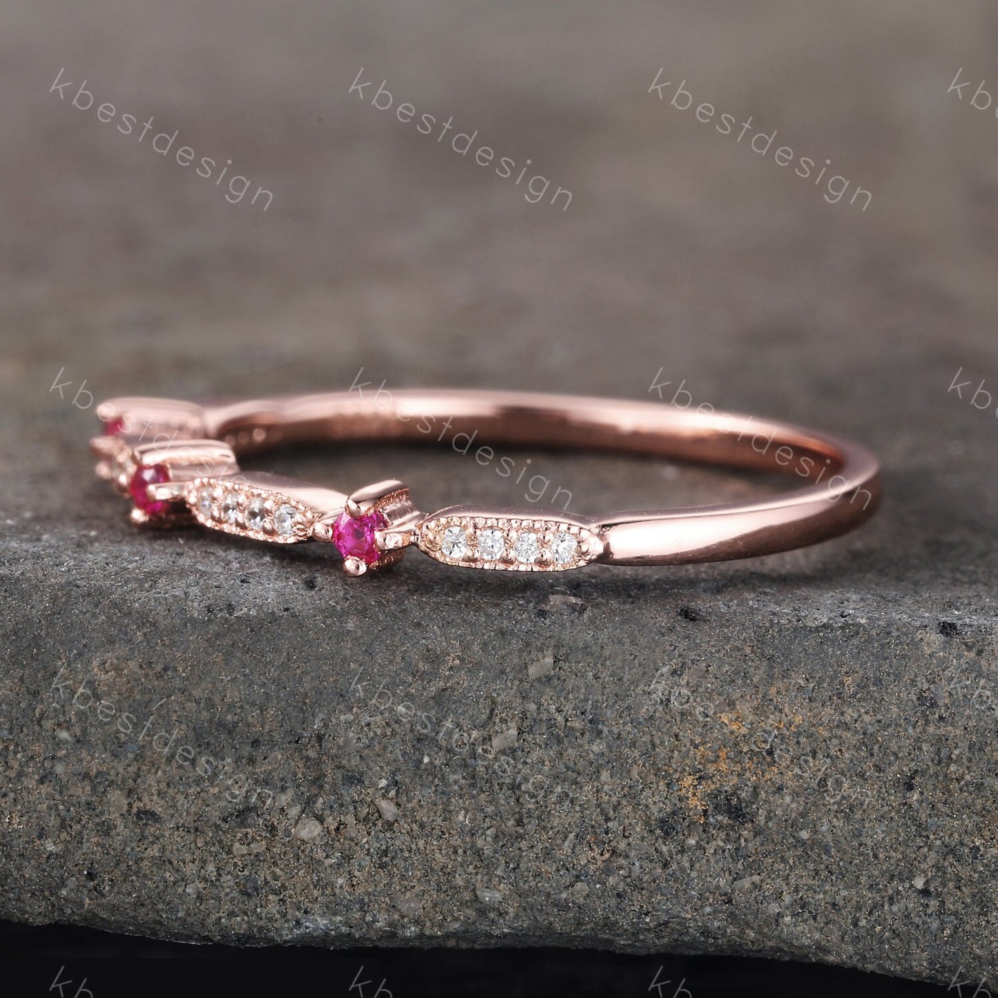 Delicate Ruby Wedding Band Ruby & CZ Diamond Wedding Band Half Eternity Matching Band Stackable Eternity Bridal Wedding Anniversary Ring