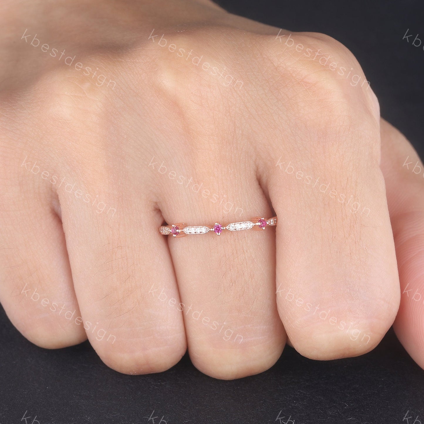 Delicate Ruby Wedding Band Ruby & CZ Diamond Wedding Band Half Eternity Matching Band Stackable Eternity Bridal Wedding Anniversary Ring