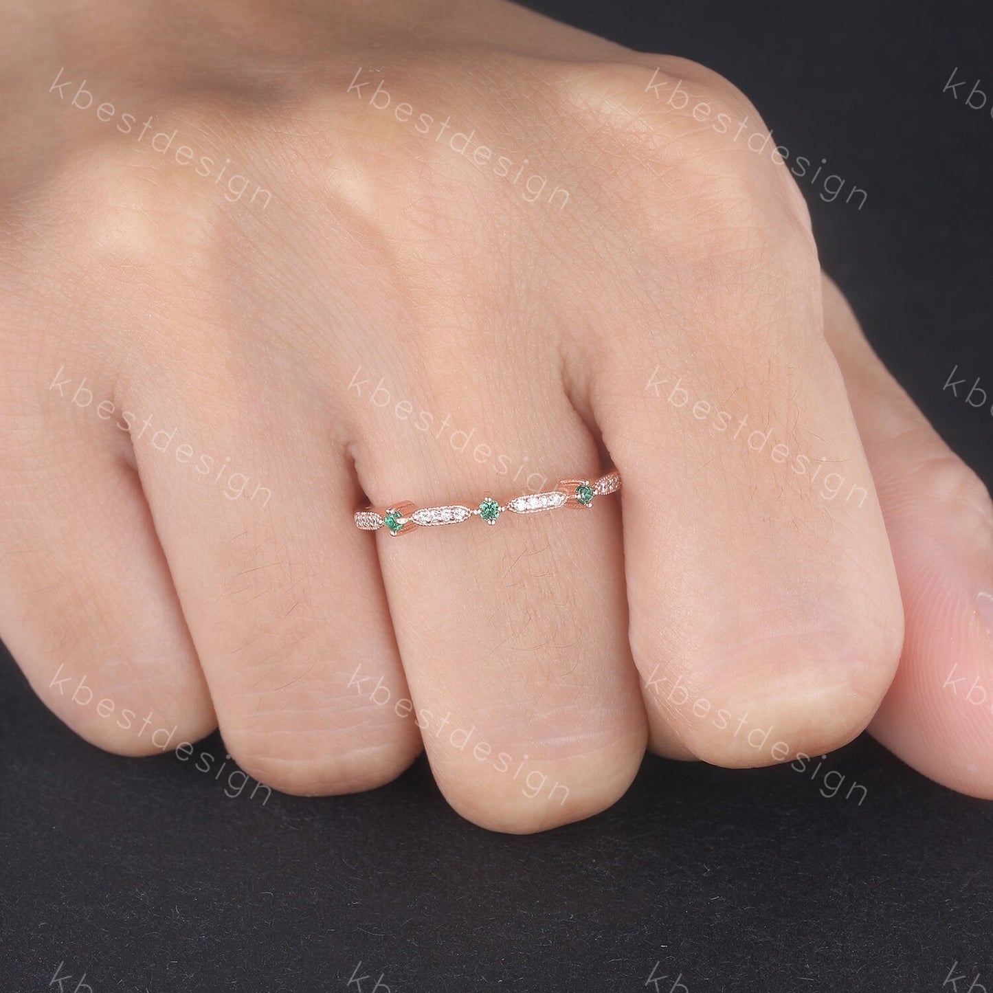 Art Deco Emerald Wedding Band, Rose Gold Emerald Stacking Band, Minimalist Ring, Simulated Diamond CZ Wedding Band Ring, Anniversary Ring