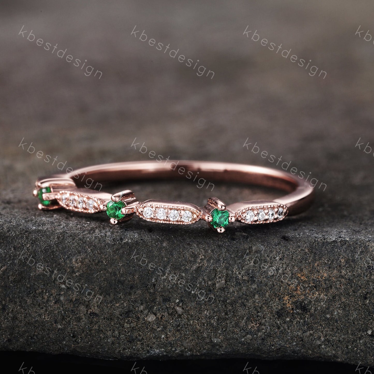 Art Deco Emerald Wedding Band, Rose Gold Emerald Stacking Band, Minimalist Ring, Simulated Diamond CZ Wedding Band Ring, Anniversary Ring