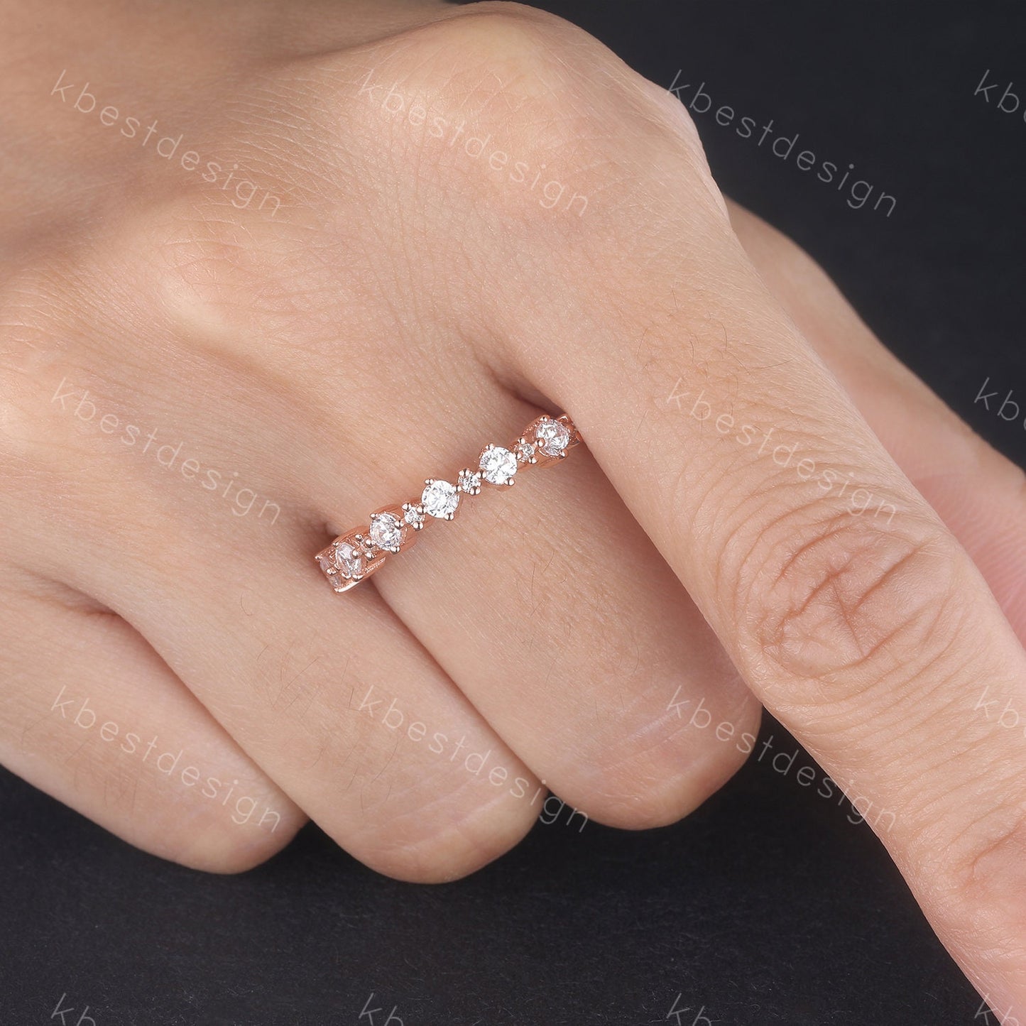 Vintage Rose gold wedding band women Round cut Half eternity band Unique Stacking Matching bridal ring Sterling Silver Diamond wedding ring