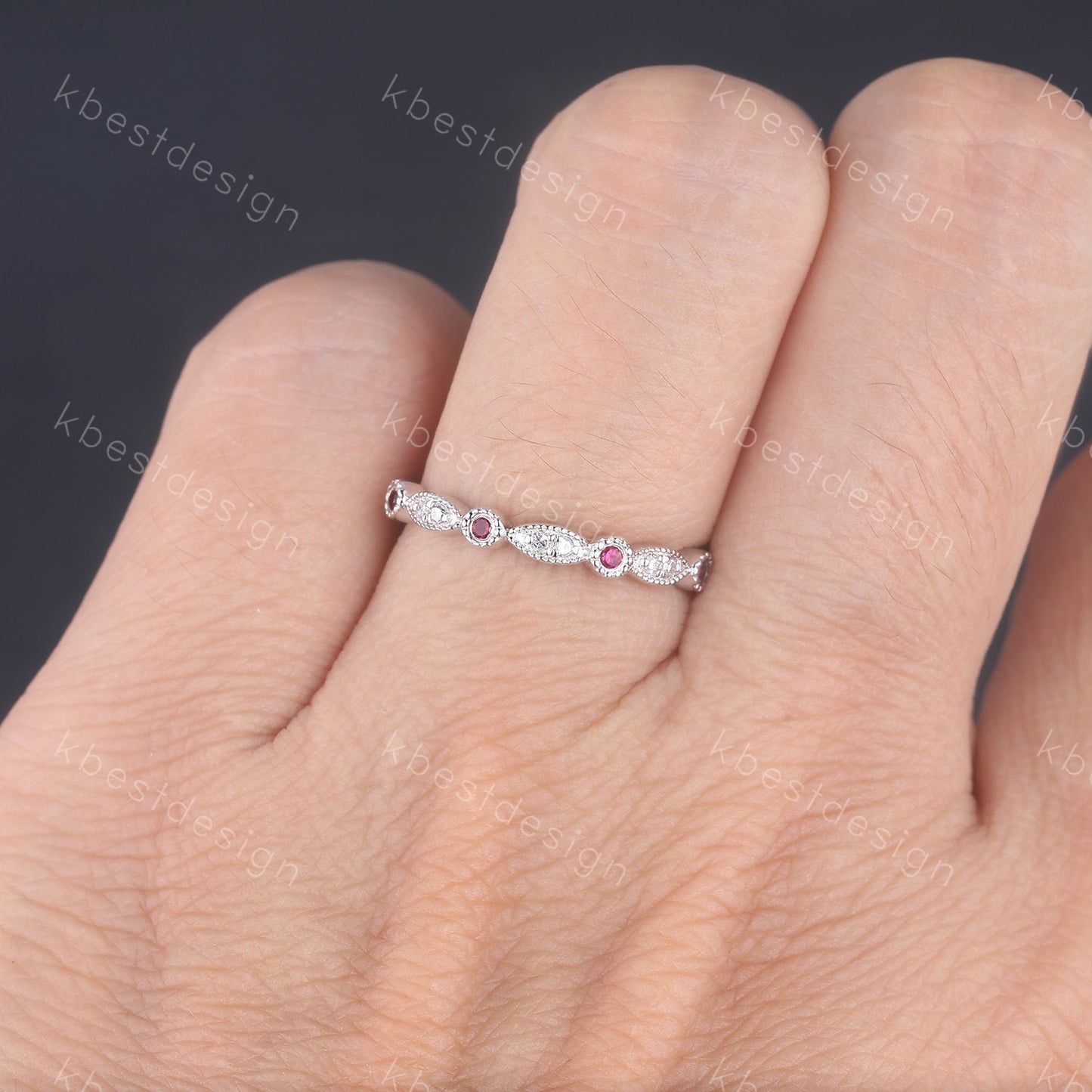 Art Deco Simulated Diamond CZ Wedding Band Half Eternity Ruby Diamond Wedding Band Stacking Ring 925 Sterling Silver