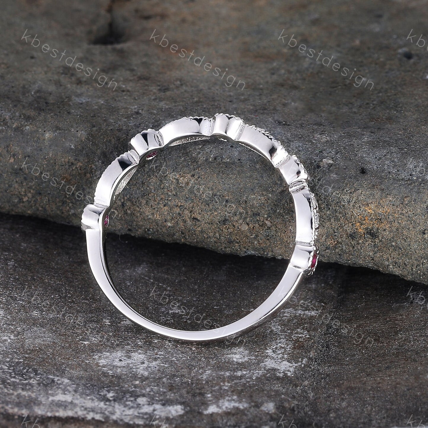 Art Deco Simulated Diamond CZ Wedding Band Half Eternity Ruby Diamond Wedding Band Stacking Ring 925 Sterling Silver