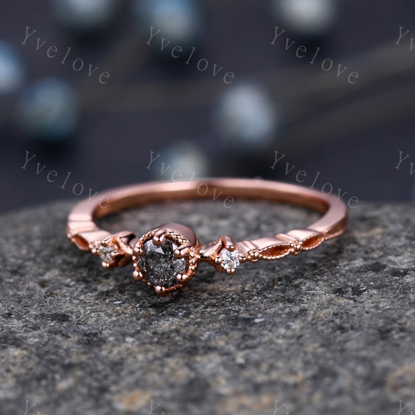 Dainty Salt and Pepper Diamond Engagement Ring Set,Rose Gold Bridal Set, Moonstone Stacking Ring, Wedding Ring,Women Anniversary Ring
