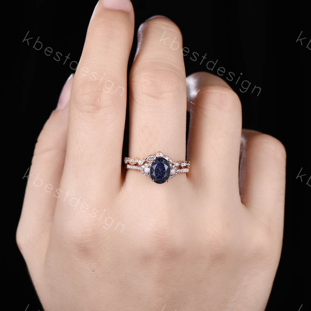Vintage Blue Sandstone Engagement Ring set Unique Rose Gold Oval cut Bridal set Art deco curved stacking band promise anniversary rings