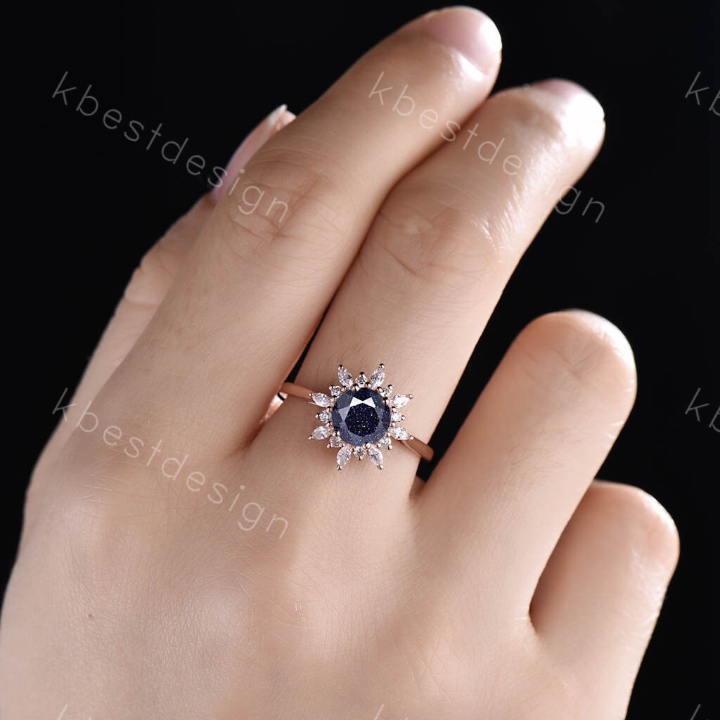 Rose gold blue sandstone ring Round cut blue sandstone engagement ring Unique halo wedding ring solitaire ring promise ring Anniversary