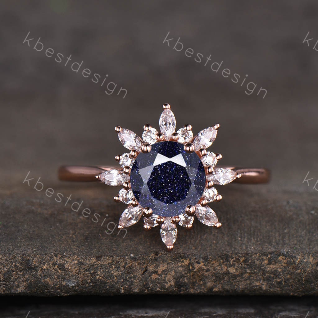 Rose gold blue sandstone ring Round cut blue sandstone engagement ring Unique halo wedding ring solitaire ring promise ring Anniversary