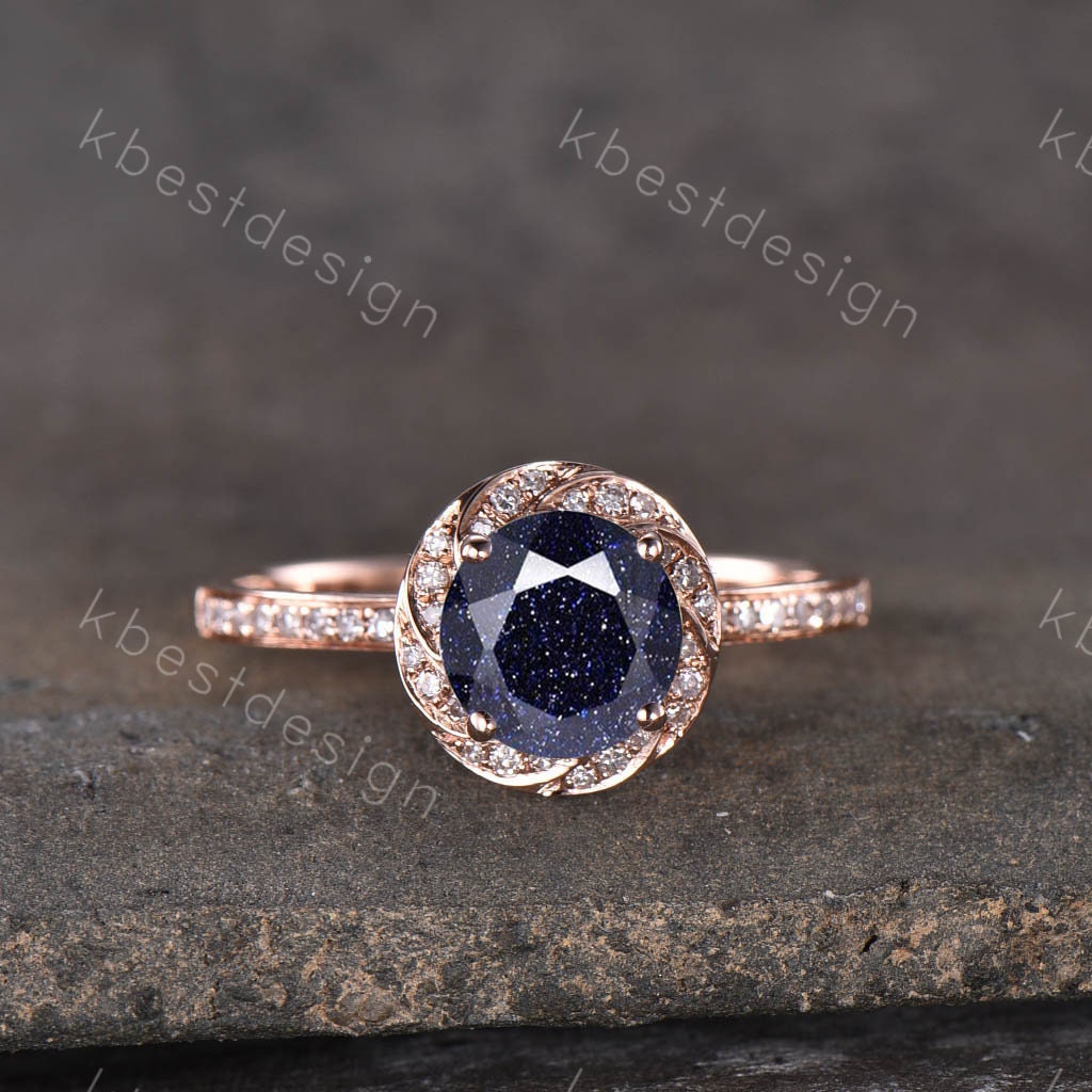 Vintage blue sandstone engagement ring Art deco round shaped wedding ring Rose gold ring for women Anniversary Promise Ring blue gemstone