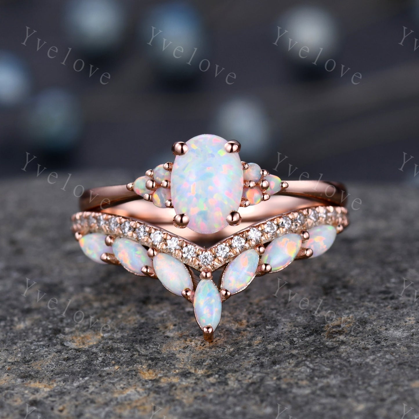 Opal Engagement Ring Set,Opal Rings for Women,Yellow Gold Opal Engagement Ring, Opal Wedding Ring Set, Multi-Gemstone Ring,Statement Ring