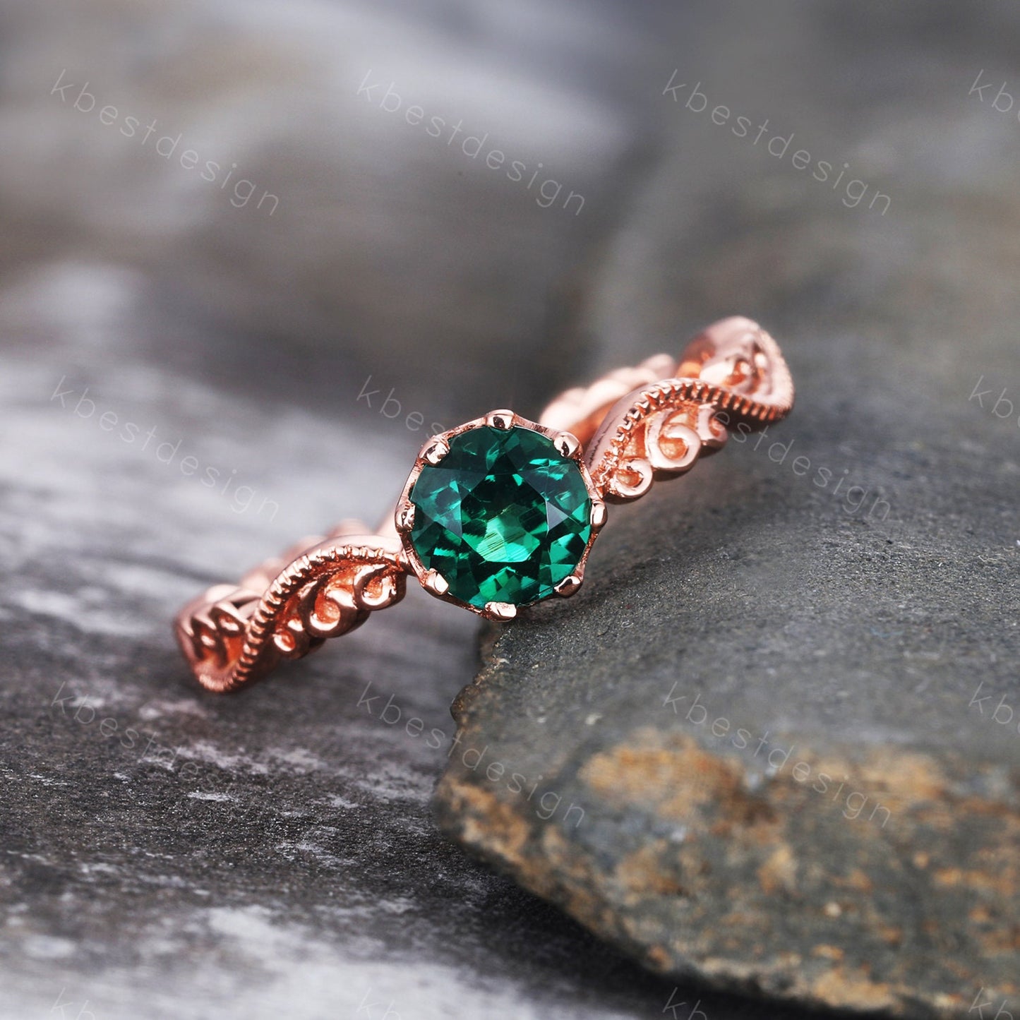Emerald Ring, Vintage Round cut Emerald Engagement Ring, May Birthstone Ring, Rose Gold Emerald Ring, Art Deco Filigree Wedding Band