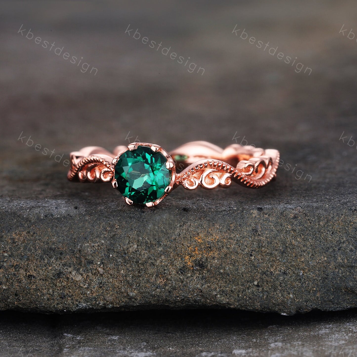 Emerald Ring, Vintage Round cut Emerald Engagement Ring, May Birthstone Ring, Rose Gold Emerald Ring, Art Deco Filigree Wedding Band