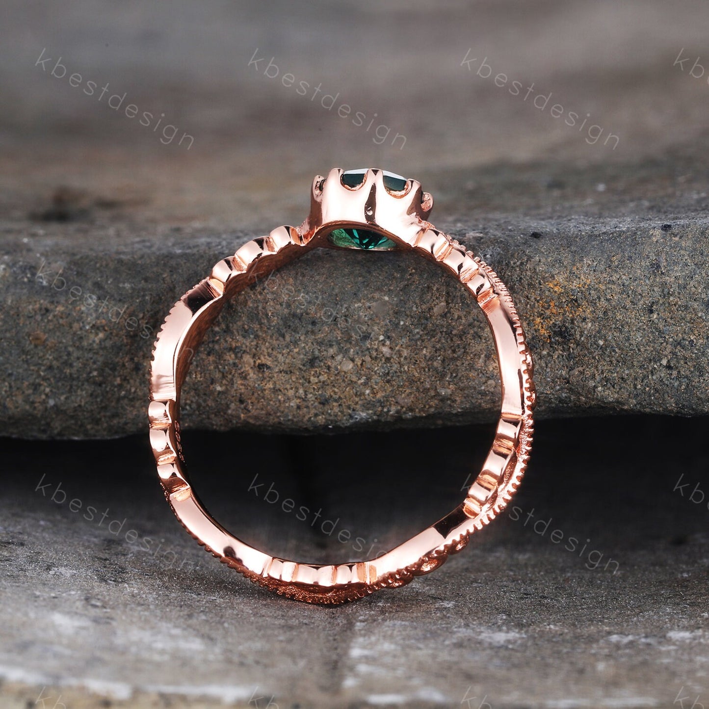 Emerald Ring, Vintage Round cut Emerald Engagement Ring, May Birthstone Ring, Rose Gold Emerald Ring, Art Deco Filigree Wedding Band