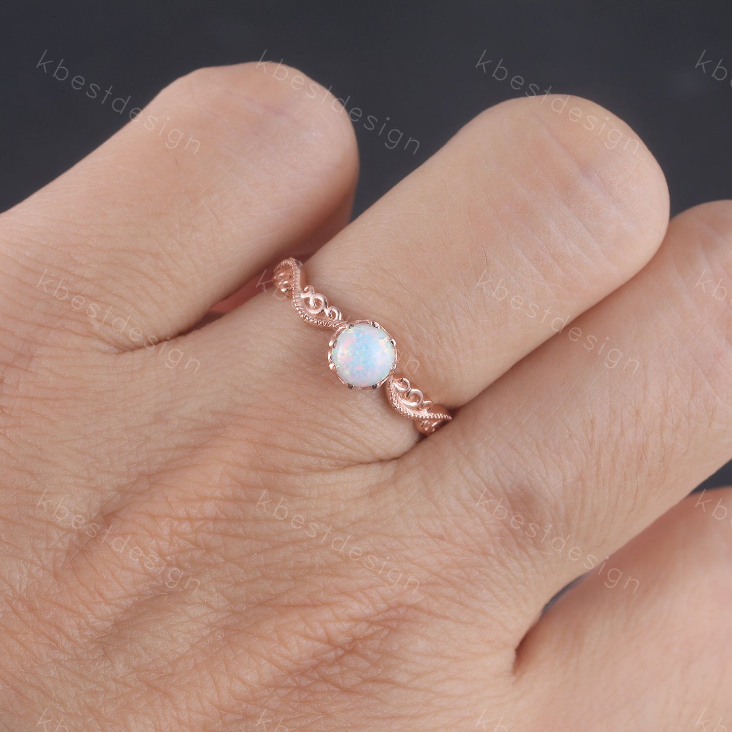 Opal Ring, Vintage Opal Engagement Ring, Round cut White Opal Ring, Rose Gold Opal Ring, Dainty Ring, October Birthstone, Promise Gift