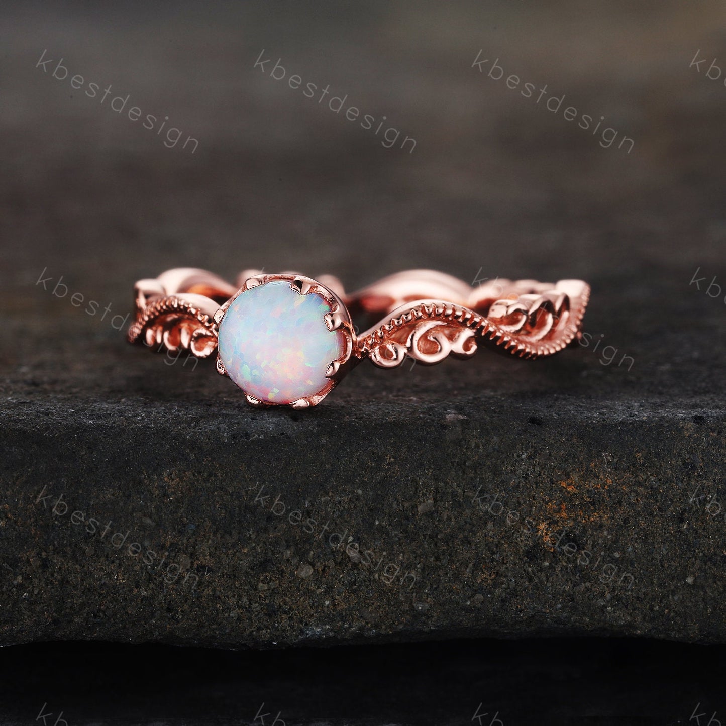 Opal Ring, Vintage Opal Engagement Ring, Round cut White Opal Ring, Rose Gold Opal Ring, Dainty Ring, October Birthstone, Promise Gift