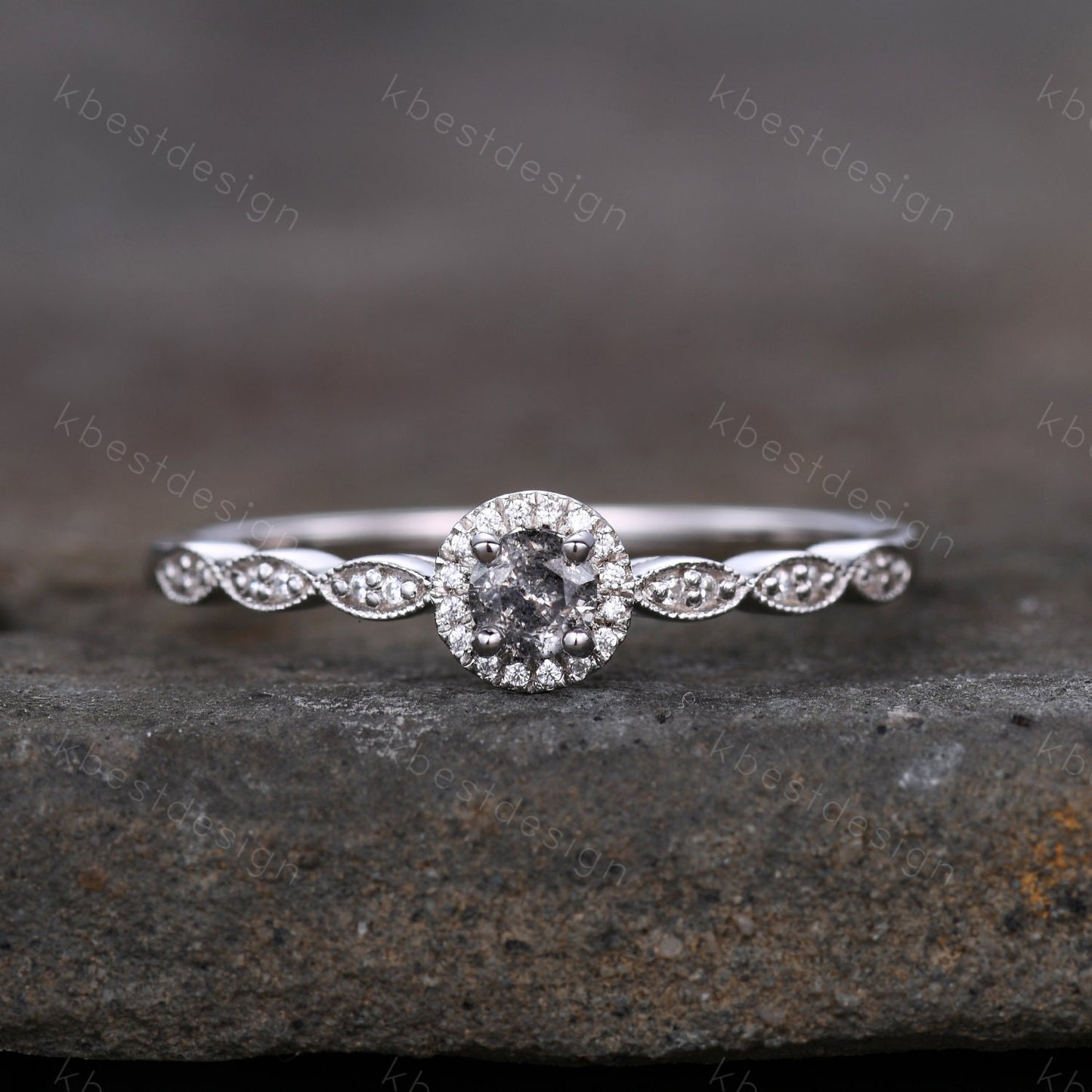 Vintage Salt and Pepper Diamond Engagement Ring Rose Gold Ring Dainty Halo Wedding Ring Art deco Wedding Ring Bridal Anniversary Ring