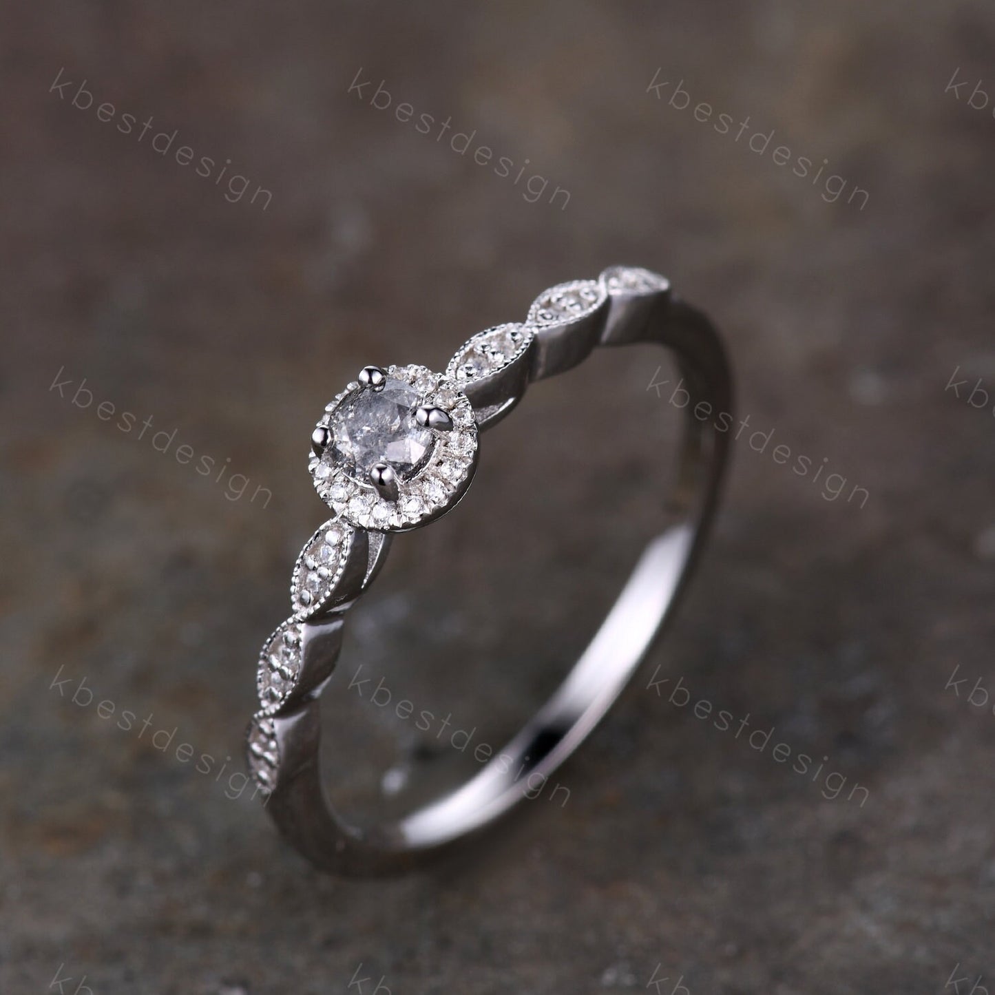 Vintage Salt and Pepper Diamond Engagement Ring Rose Gold Ring Dainty Halo Wedding Ring Art deco Wedding Ring Bridal Anniversary Ring