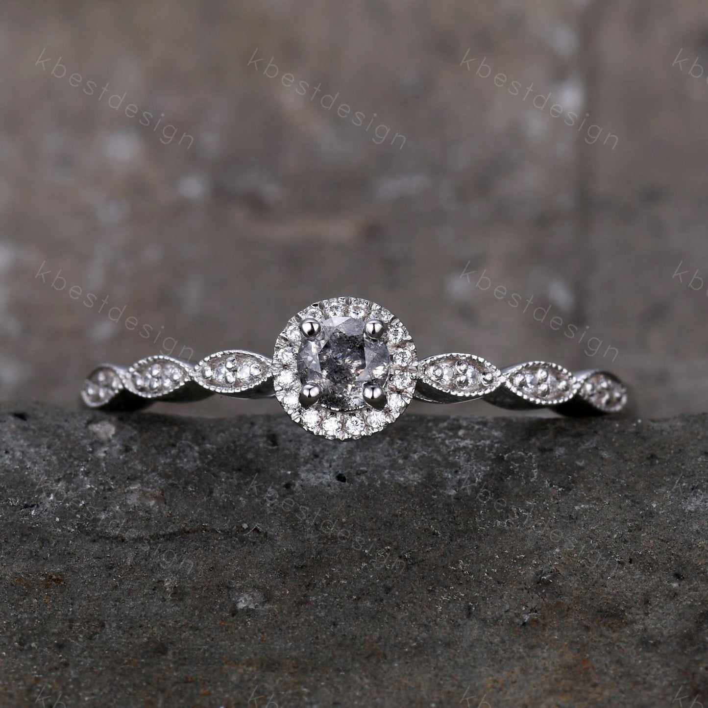 Vintage Salt and Pepper Diamond Engagement Ring Rose Gold Ring Dainty Halo Wedding Ring Art deco Wedding Ring Bridal Anniversary Ring
