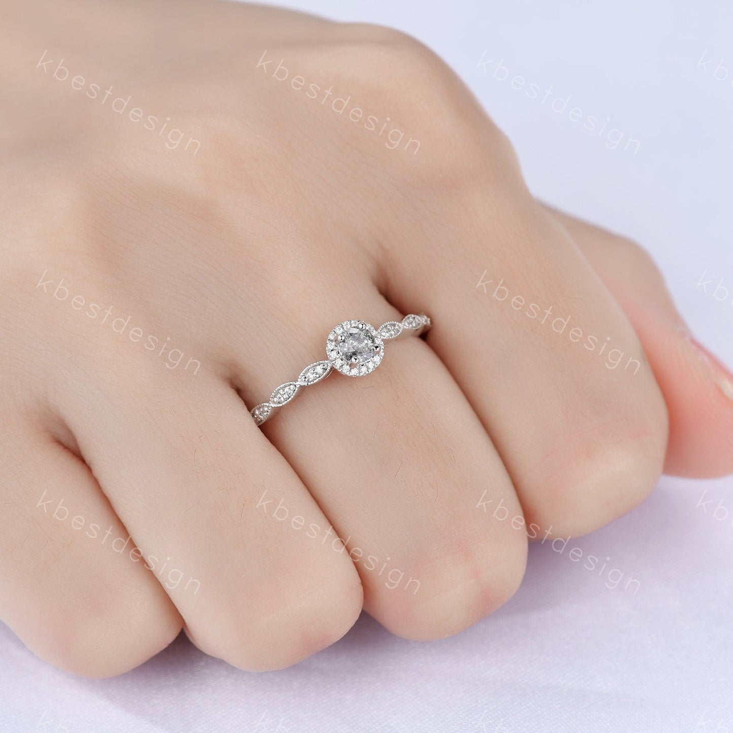 Vintage Salt and Pepper Diamond Engagement Ring Rose Gold Ring Dainty Halo Wedding Ring Art deco Wedding Ring Bridal Anniversary Ring
