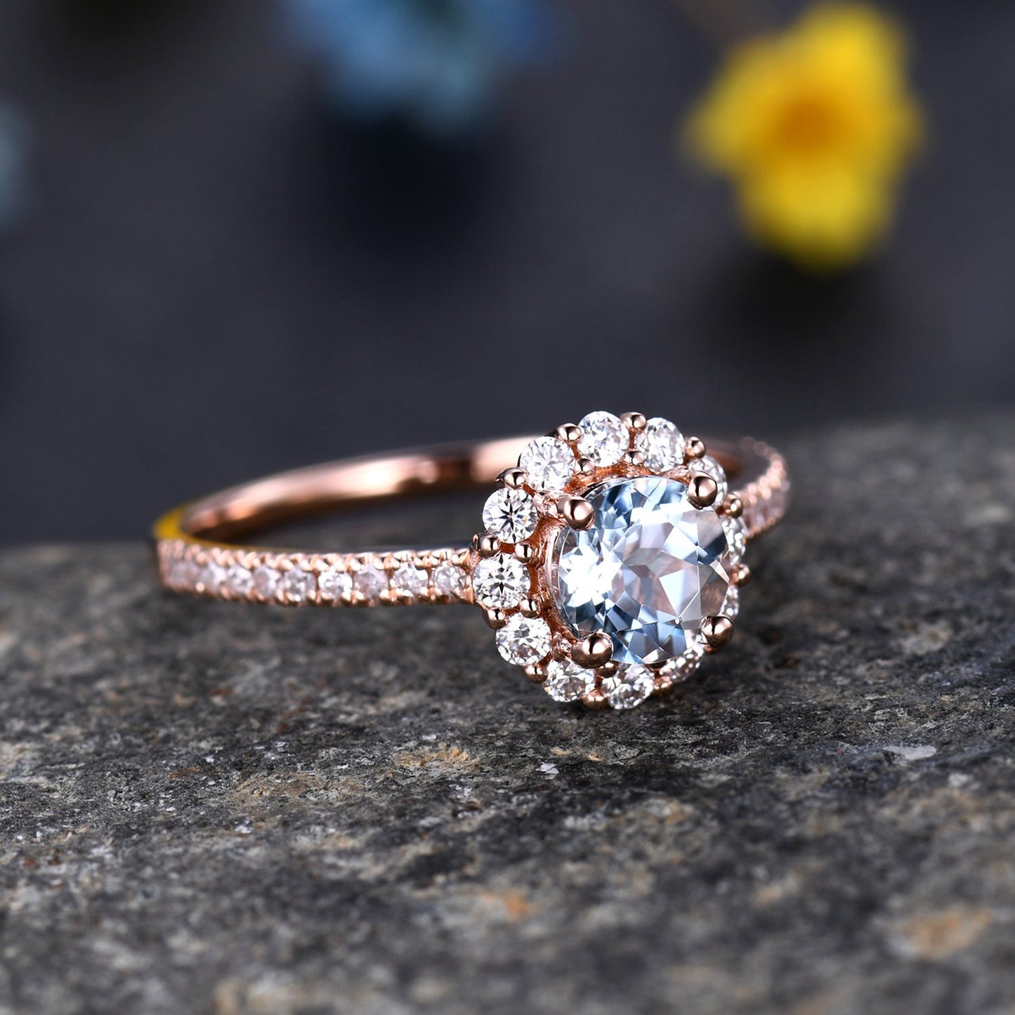 5mm round amethyst engagement ring 14k rose gold floral moissanite halo half eternity diamond band anniversary ring February Birthstone