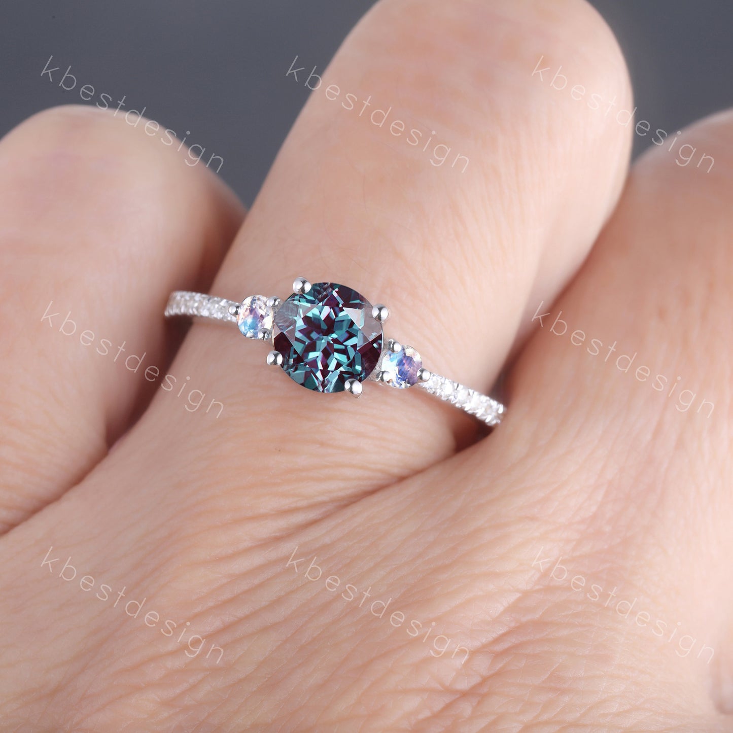 Three stone Alexandrite ring sterling silver ring for women 6mm round cut Alexandrite engagement ring moonstone ring promise ring gift