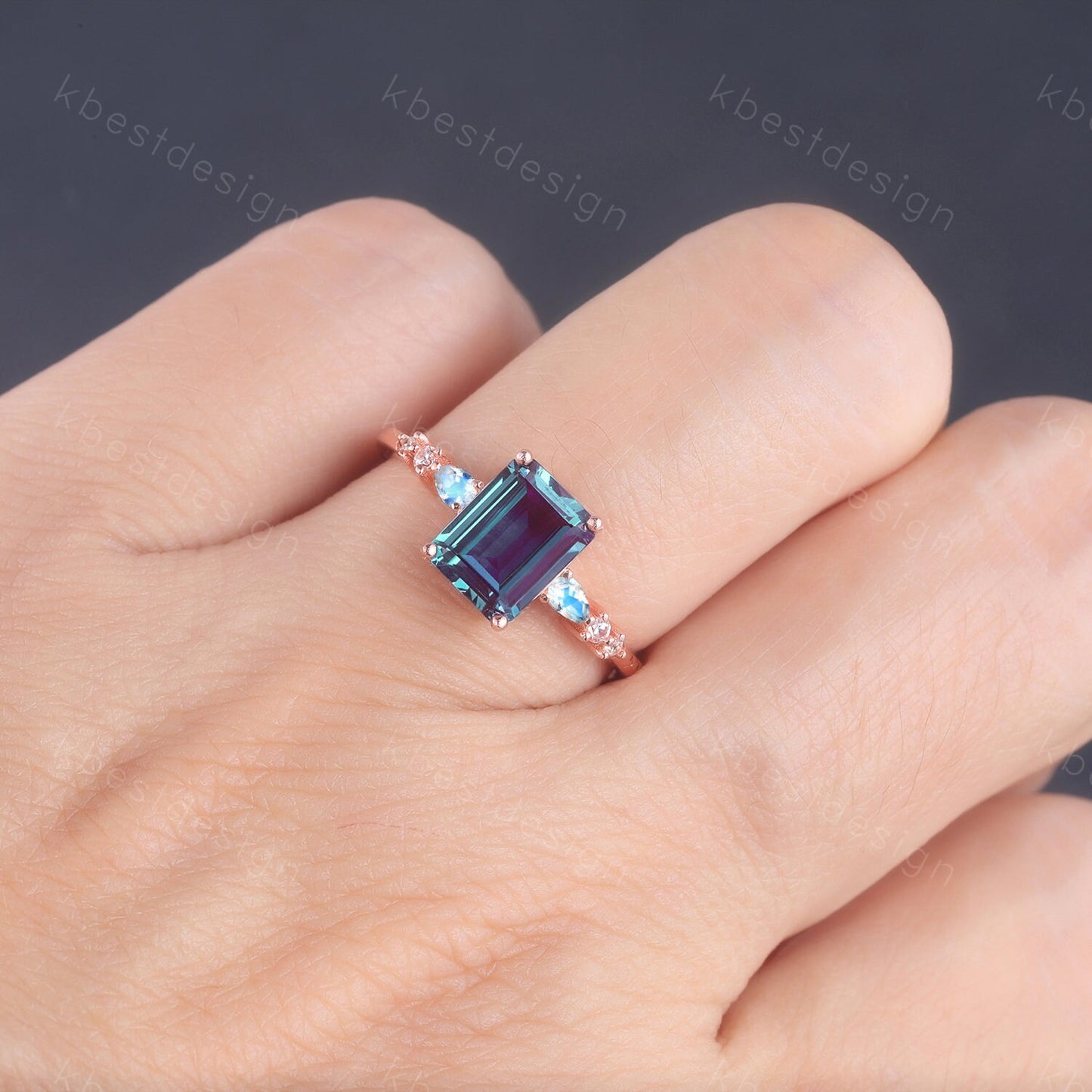 Emerald cut Alexandrite ring rose gold ring for women vintage unique Alexandrite engagement ring pear moonstone wedding ring Promise ring