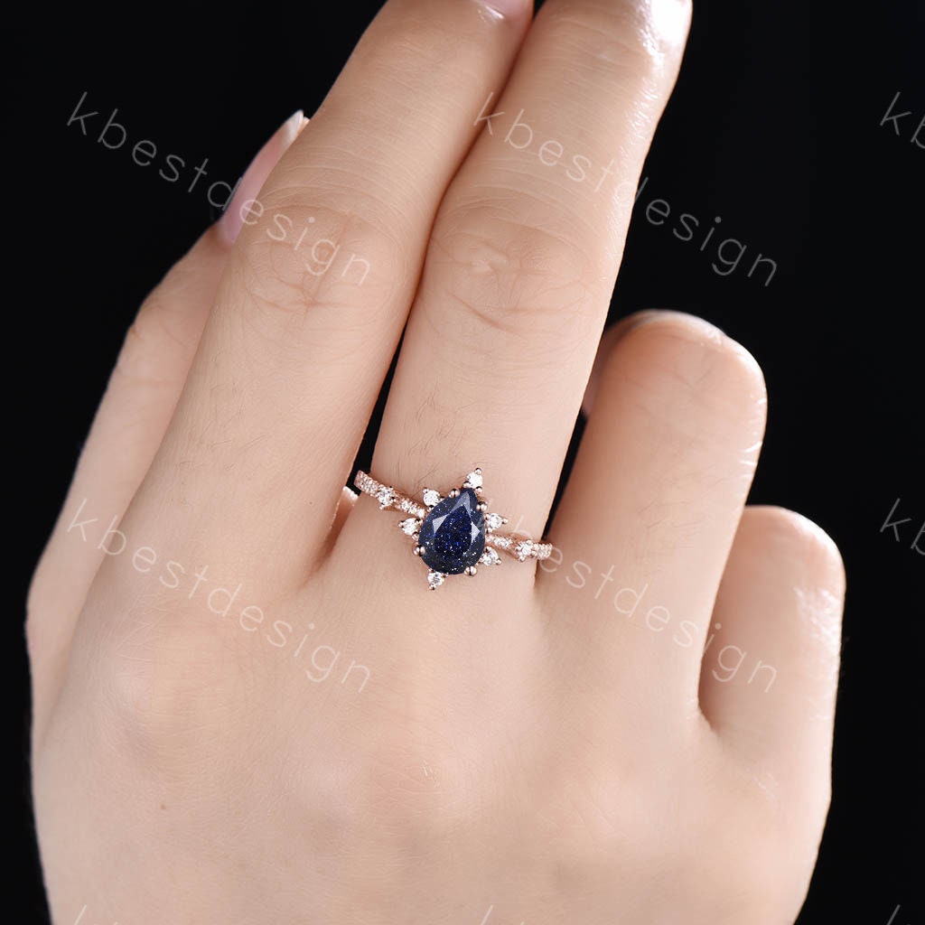 Vintage blue sandstone engagement ring Rose gold Pear shaped wedding ring Art deco dainty bridal anniversary Promise Ring for women
