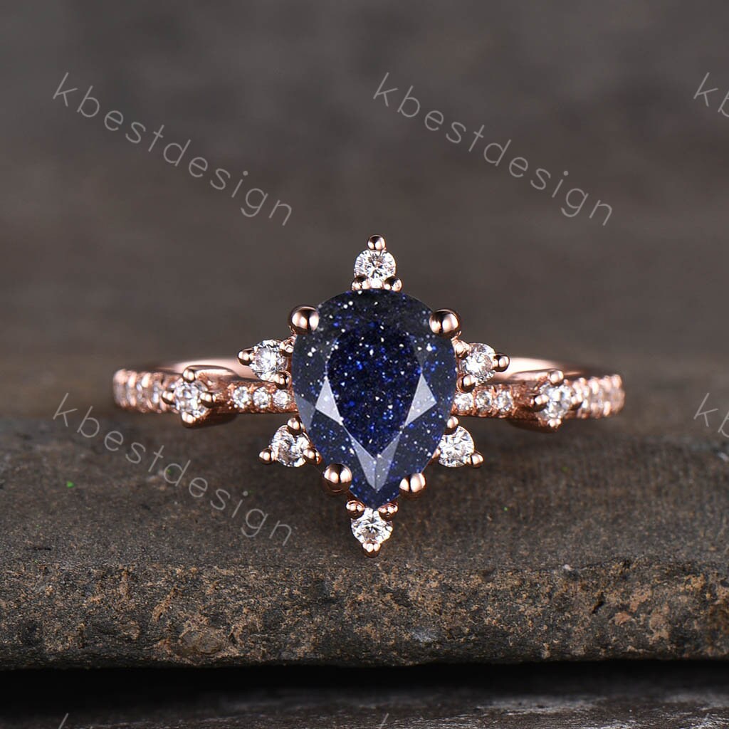 Vintage blue sandstone engagement ring Rose gold Pear shaped wedding ring Art deco dainty bridal anniversary Promise Ring for women