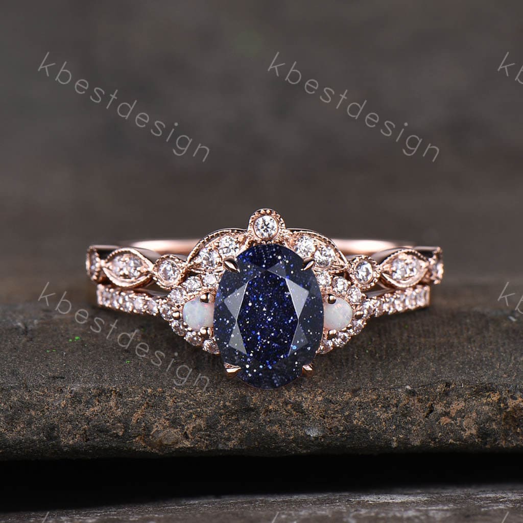 Vintage Blue Sandstone Engagement Ring set Unique Rose Gold Oval cut Bridal set Art deco curved stacking band promise anniversary rings