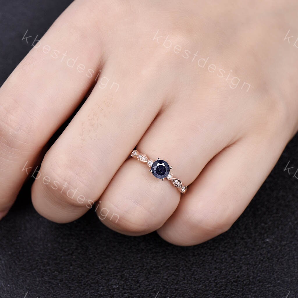 Blue sandstone engagement ring Round cut ring unique dainty wedding ring art deco bridal promise ring anniversary gift Rose gold