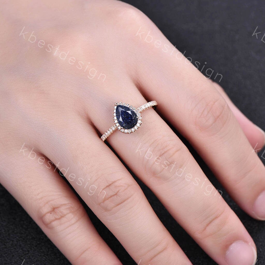 Vintage Pear shaped Blue sandstone engagement ring Rose gold diamond halo wedding ring Unique half eternity bridal ring promise gift