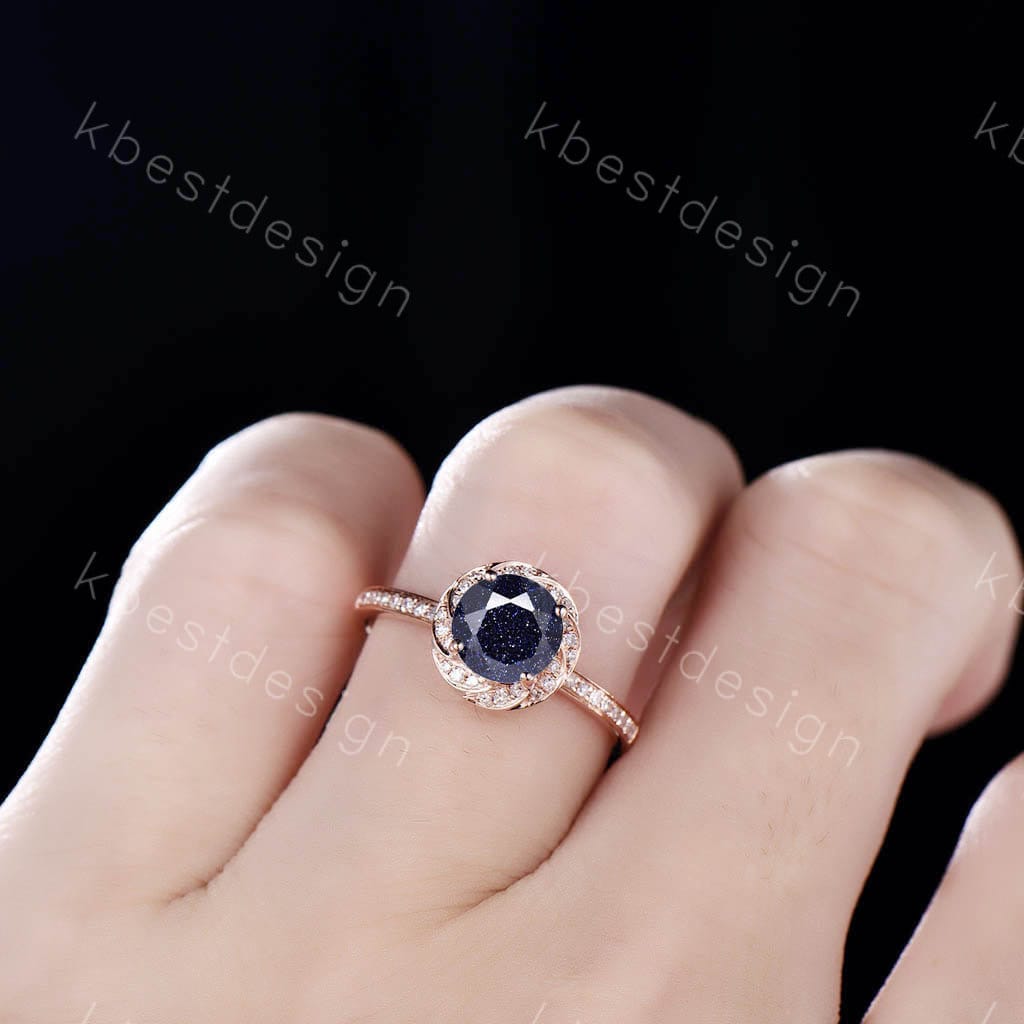 Vintage blue sandstone engagement ring Art deco round shaped wedding ring Rose gold ring for women Anniversary Promise Ring blue gemstone