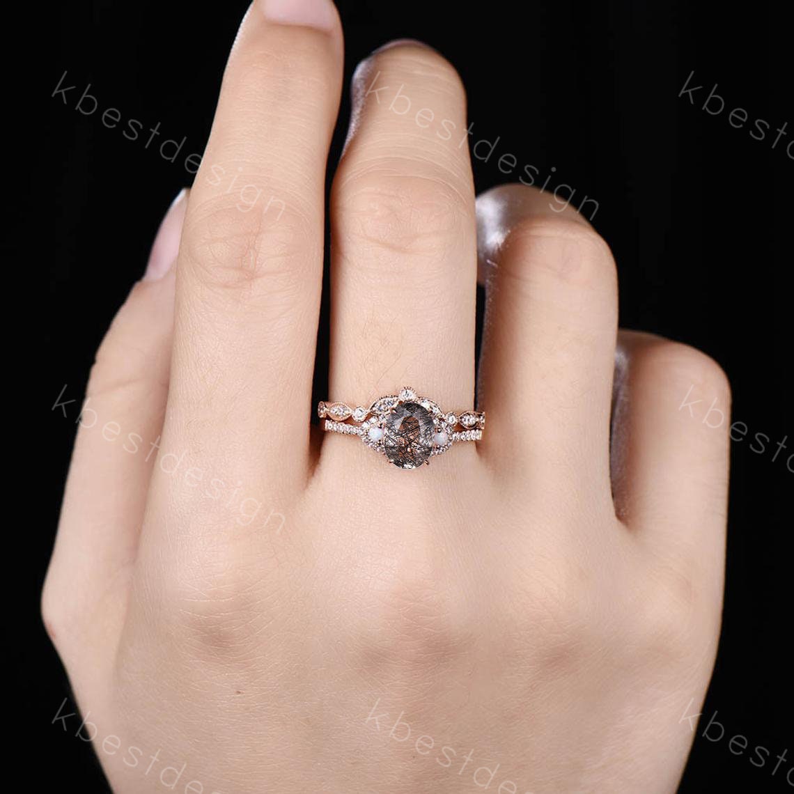 Vintage black rutilated quartz engagement ring 14k rose gold oval cut ring art deco curved stacking band unique bridal wedding ring set