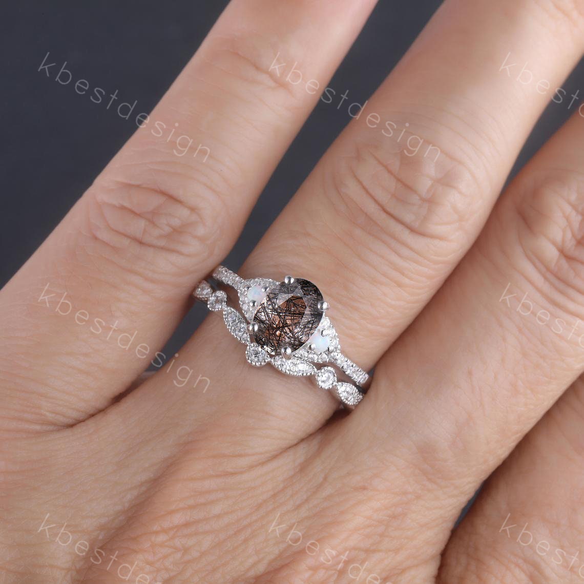Vintage black rutilated quartz engagement ring 14k rose gold oval cut ring art deco curved stacking band unique bridal wedding ring set