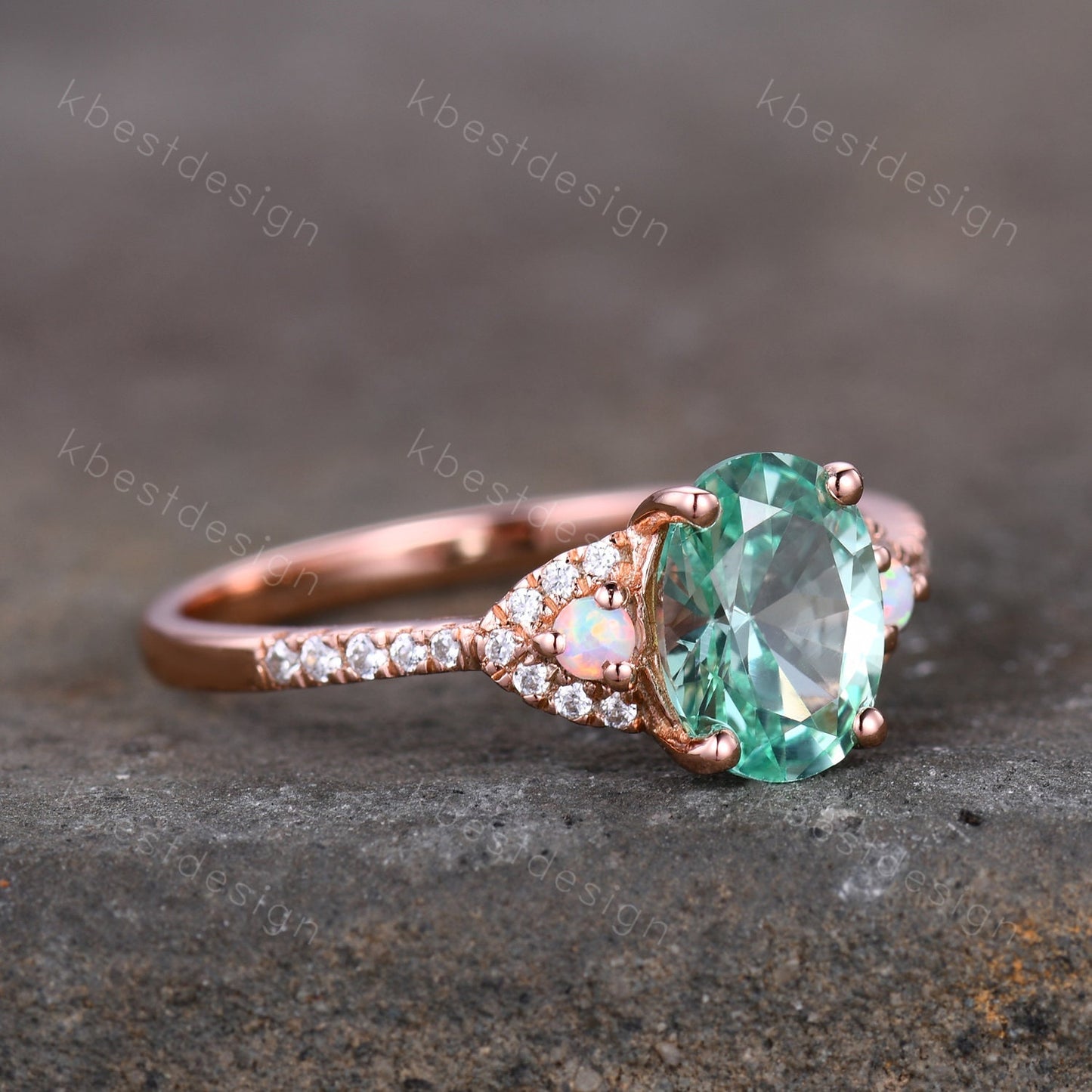 Vintage Green Sapphire Engagement ring Rose gold Ring Oval Sapphire Opal Wedding Ring Unique Diamond Bridal Ring Promise Anniversary Gift