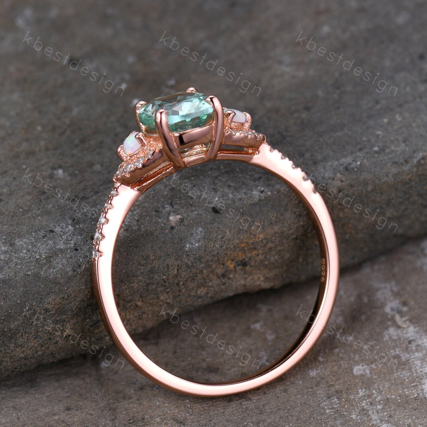 Vintage Green Sapphire Engagement ring Rose gold Ring Oval Sapphire Opal Wedding Ring Unique Diamond Bridal Ring Promise Anniversary Gift