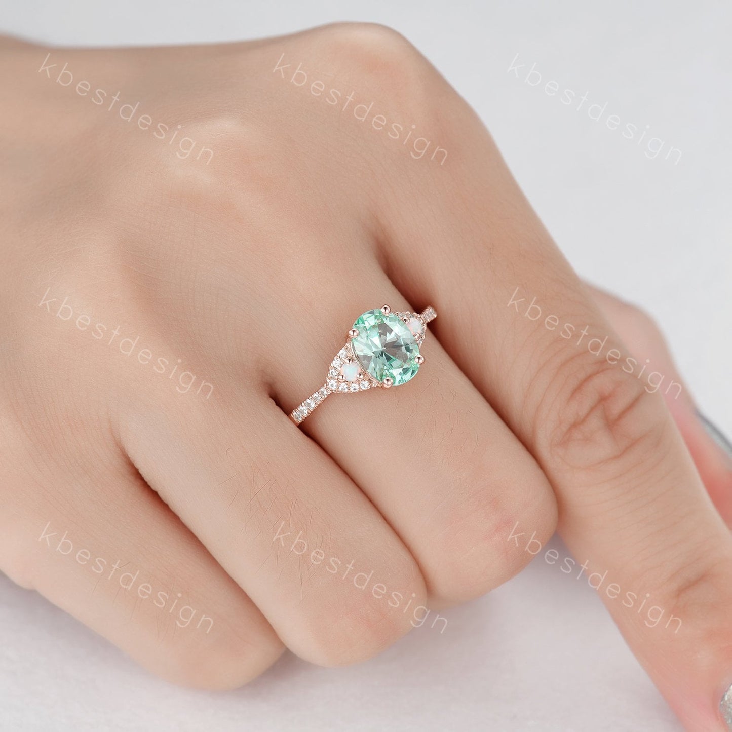Vintage Green Sapphire Engagement ring Rose gold Ring Oval Sapphire Opal Wedding Ring Unique Diamond Bridal Ring Promise Anniversary Gift