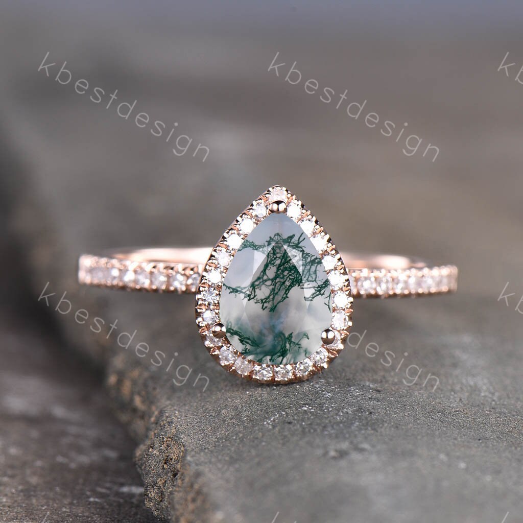 Art deco moss agate wedding ring set vintage moss agate engagement ring half eternity stacking matching band rose gold ring promise ring set