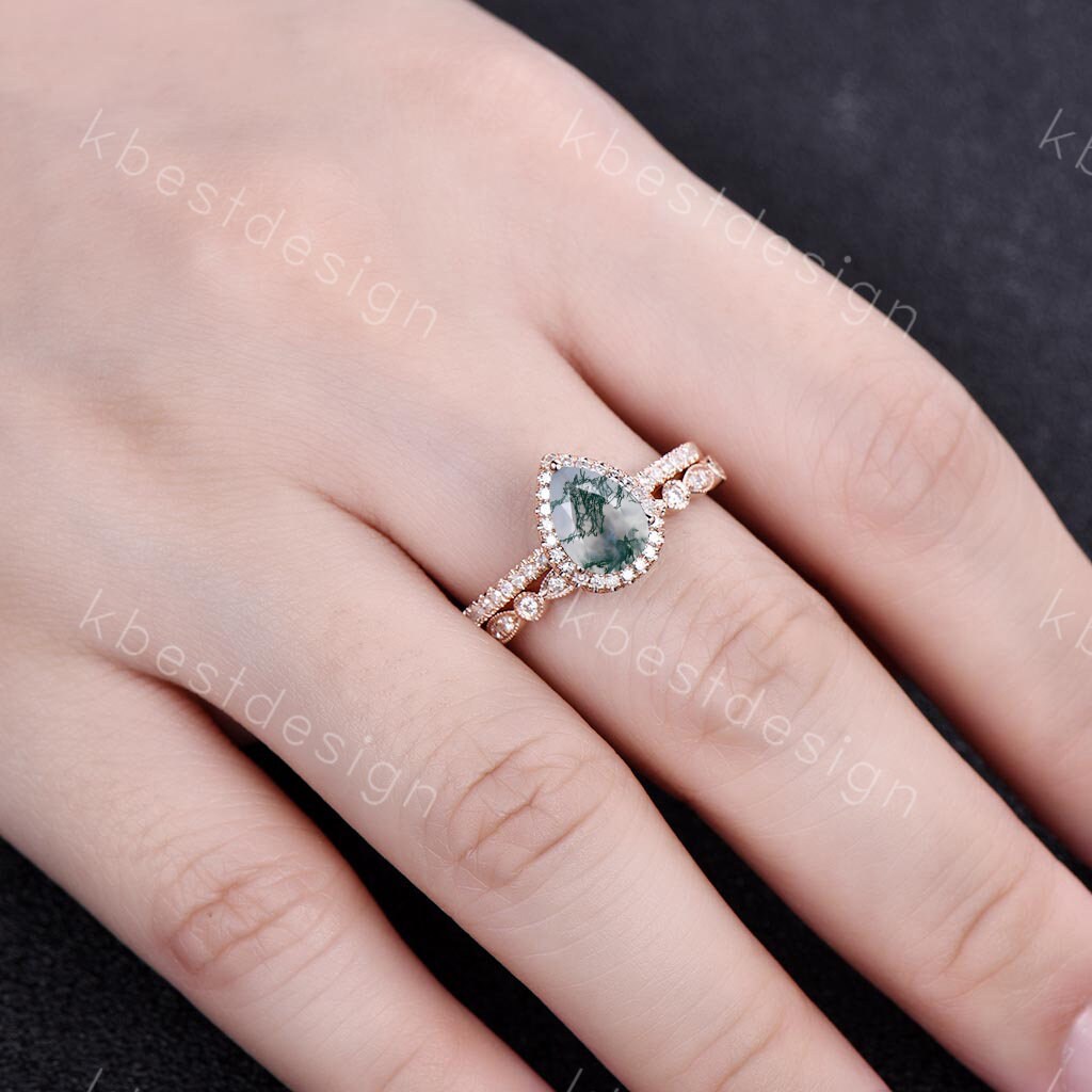 Art deco moss agate wedding ring set vintage moss agate engagement ring half eternity stacking matching band rose gold ring promise ring set